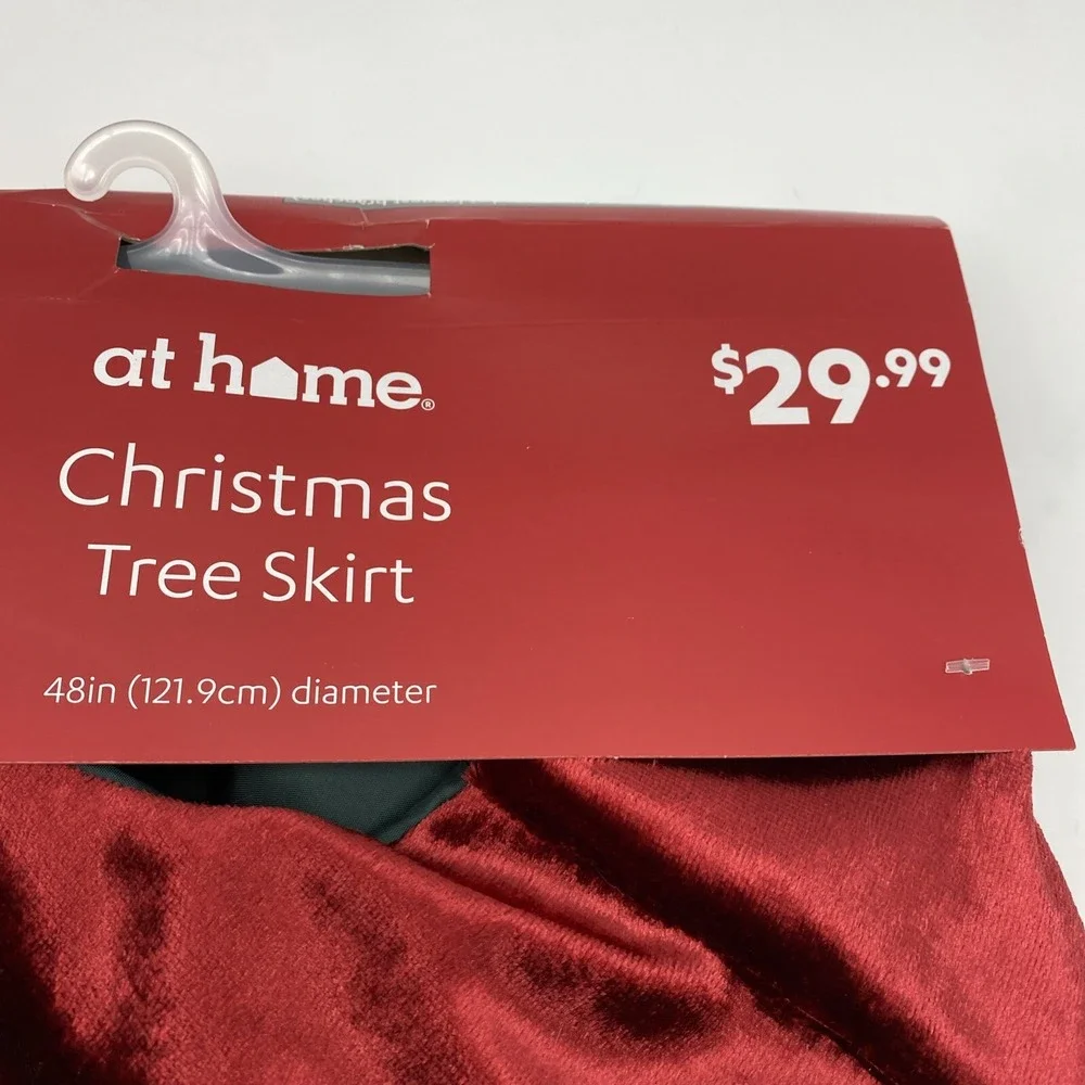 At Home Christmas Tree Skirt 48 inch Red Plush Green Gold Trim Scalloped Classic